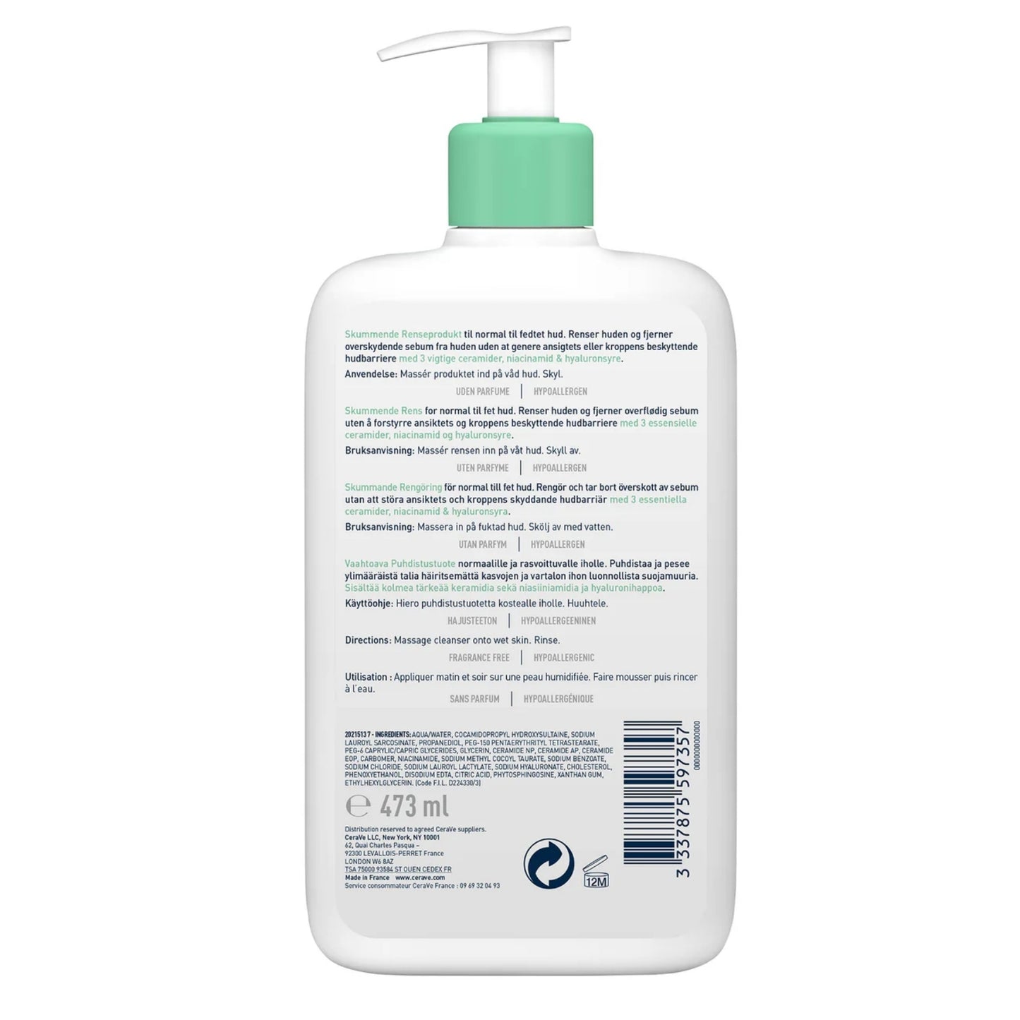 CERAVE GEL MOUSSANT NETTOYANT PEAU NORMALE À GRASSE - 473 ML