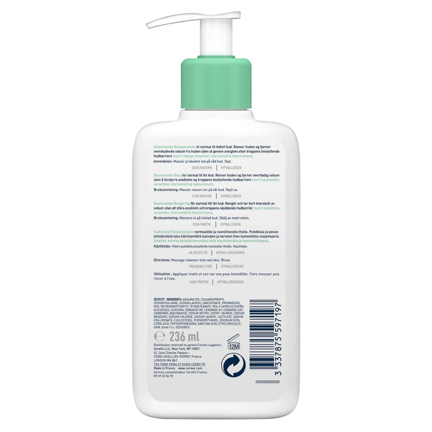 CERAVE GEL MOUSSANT NETTOYANT PEAU NORMALE À GRASSE - 236 ML
