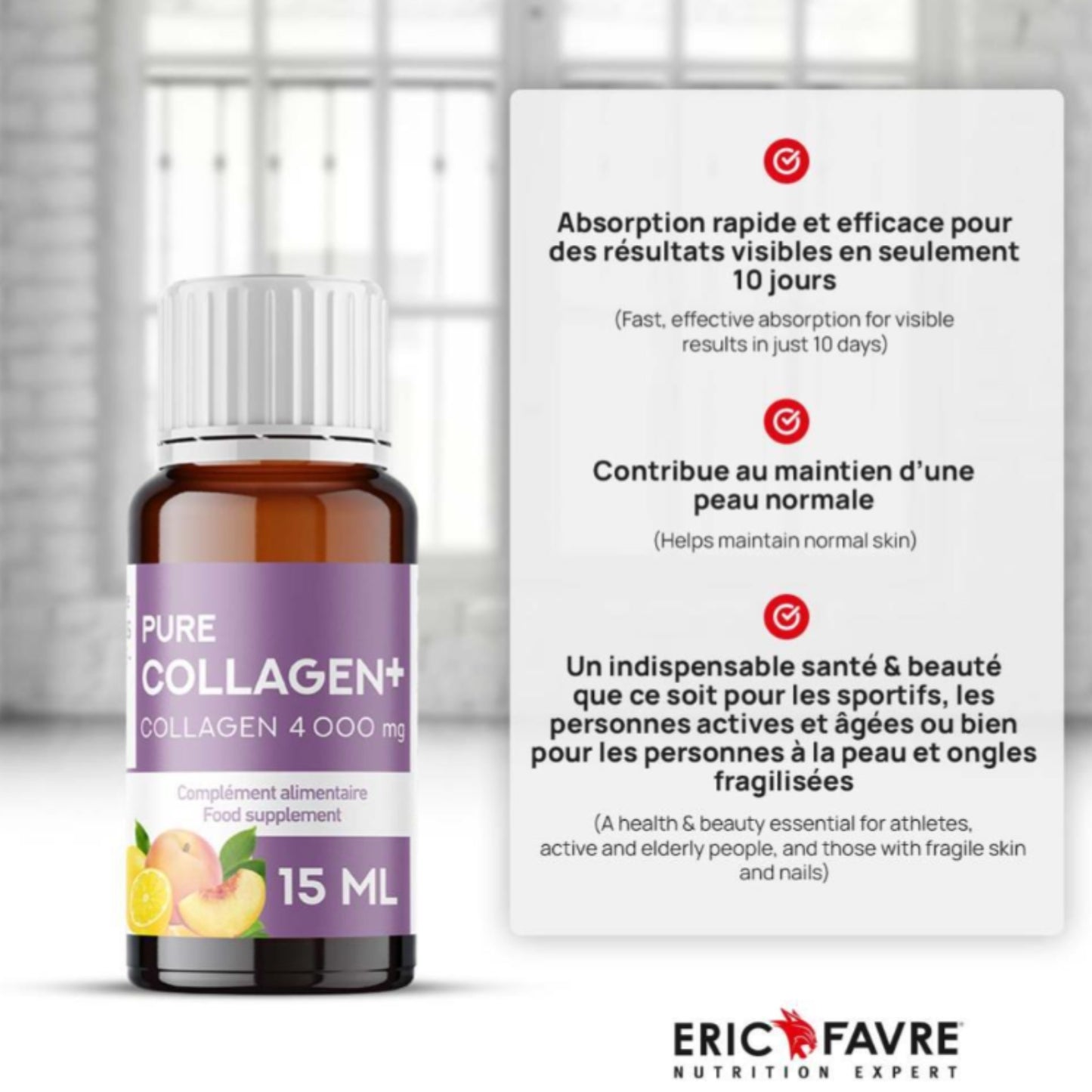ERIC FAVRE PURE COLLAGEN+ FORMULE LIQUIDE PÊCHE – CITRON - 10 UNICADOSES® DE 15 ML