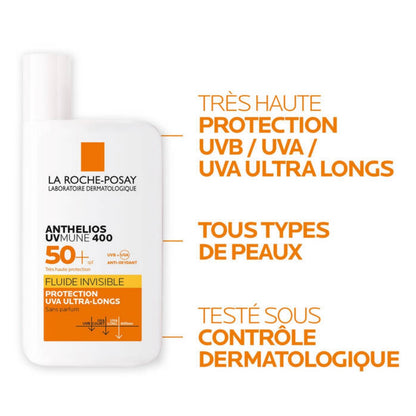 LA ROCHE-POSAY ANTHELIOS UVMUNE 400 CRÈME SOLAIRE FLUIDE INVISIBLE SPF 50+ 50 ML = EAU THERMALE 50 ML OFFERTE