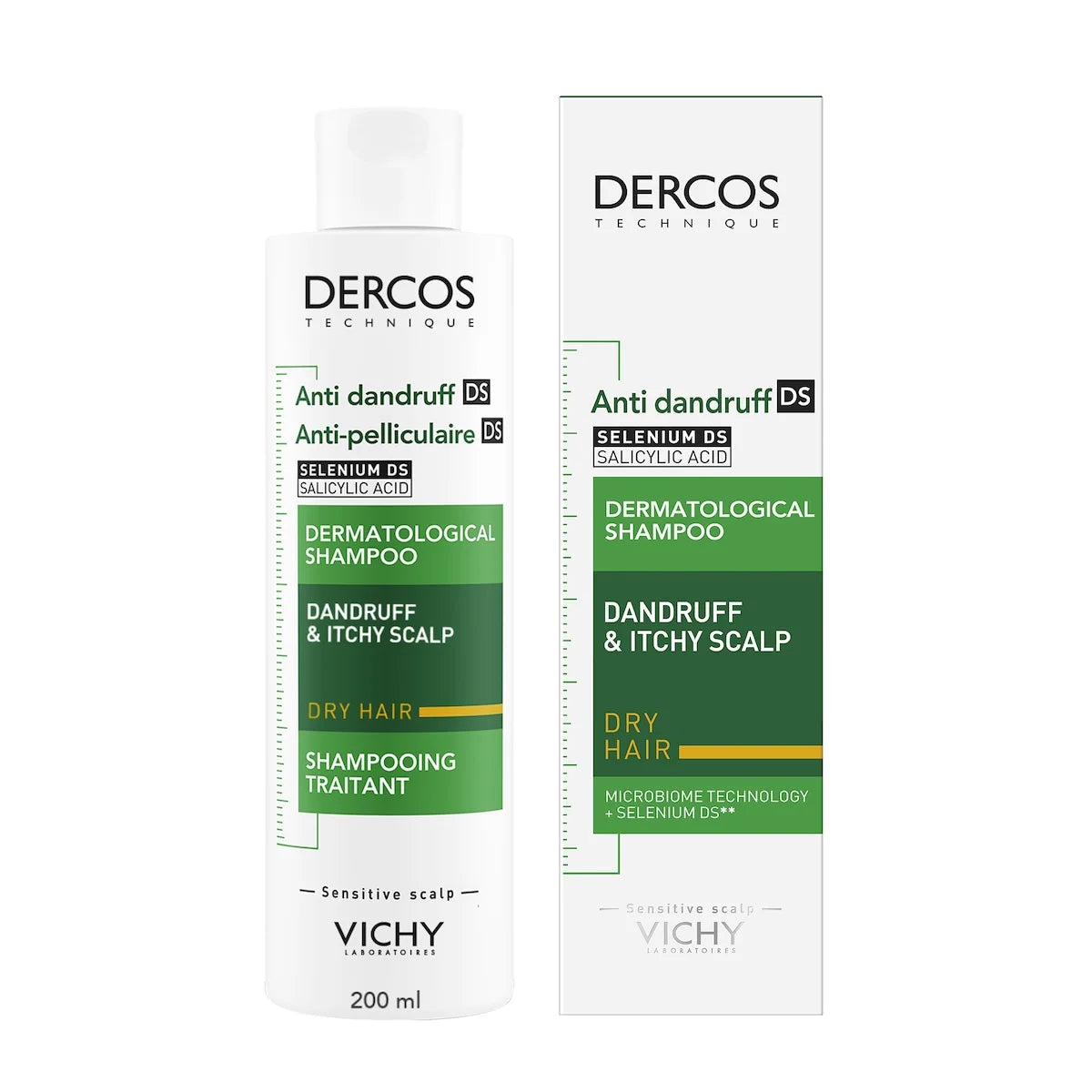 DERCOS SHAMPOOING ANTI-PELLICULAIRE DS CHEVEUX SECS 200 ML = FORMAT VOYAGE 50 ML OFFERT