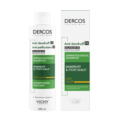 DERCOS SHAMPOOING ANTI-PELLICULAIRE DS CHEVEUX SECS 200 ML = FORMAT VOYAGE 50 ML OFFERT