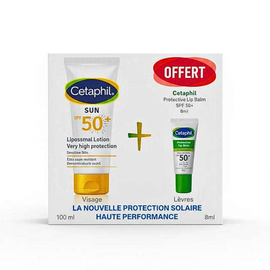 CETAPHIL COFFRET SUN LOTION SPF50+ 100 ML = PROTECTIVE BAUME À LÈVRES 8 ML OFFERT