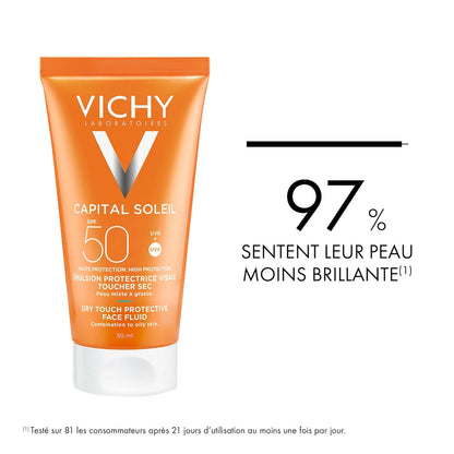 VICHY CAPITAL SOLEIL ÉMULSION ANTI-BRILLANCE TOUCHER SEC SPF50+ PEAU MIXTE À GRASSE 50 ML = APRÈS-SOLEIL 100 ML OFFERT