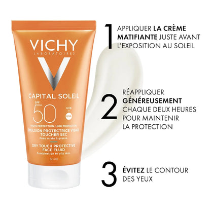 VICHY CAPITAL SOLEIL ÉMULSION ANTI-BRILLANCE TOUCHER SEC SPF50+ PEAU MIXTE À GRASSE 50 ML = APRÈS-SOLEIL 100 ML OFFERT