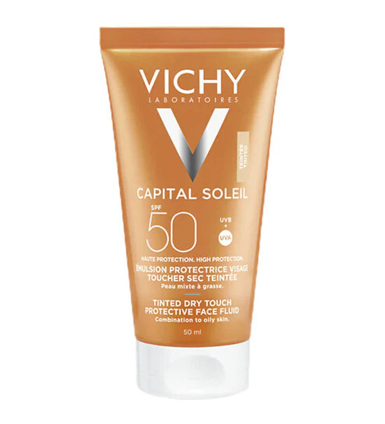 VICHY CAPITAL SOLEIL ÉMULSION TOUCHER SEC TEINTÉE SPF50+ PEAUX MIXTES À GRASSES 50 ML = APRÈS-SOLEIL 100 ML OFFERT