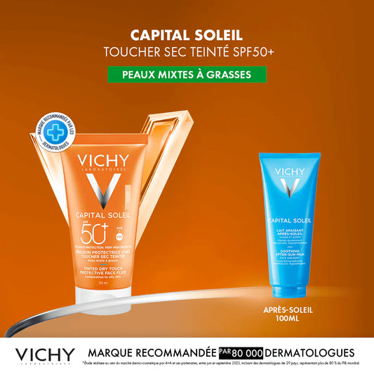 VICHY CAPITAL SOLEIL ÉMULSION TOUCHER SEC TEINTÉE SPF50+ PEAUX MIXTES À GRASSES 50 ML = APRÈS-SOLEIL 100 ML OFFERT