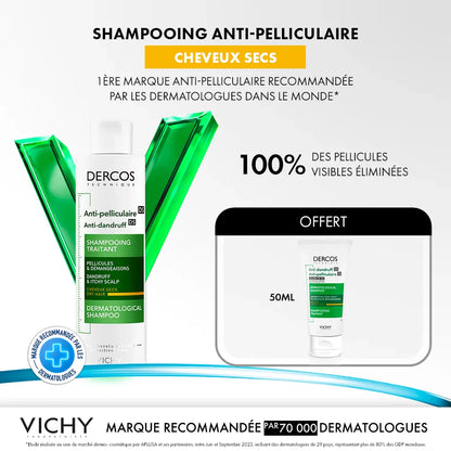 DERCOS SHAMPOOING ANTI-PELLICULAIRE DS CHEVEUX SECS 200 ML = FORMAT VOYAGE 50 ML OFFERT