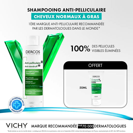 DERCOS SHAMPOOING ANTI-PELLICULAIRE DS CHEVEUX NORMAUX À GRAS 200 ML = FORMAT VOYAGE 50 ML OFFERT