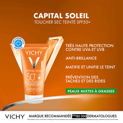 VICHY CAPITAL SOLEIL ÉMULSION TOUCHER SEC TEINTÉE SPF50+ PEAUX MIXTES À GRASSES 50 ML = APRÈS-SOLEIL 100 ML OFFERT