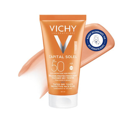 VICHY CAPITAL SOLEIL ÉMULSION TOUCHER SEC TEINTÉE SPF50+ PEAUX MIXTES À GRASSES 50 ML = APRÈS-SOLEIL 100 ML OFFERT