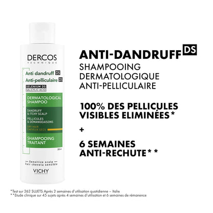 DERCOS SHAMPOOING ANTI-PELLICULAIRE DS CHEVEUX SECS 200 ML = FORMAT VOYAGE 50 ML OFFERT